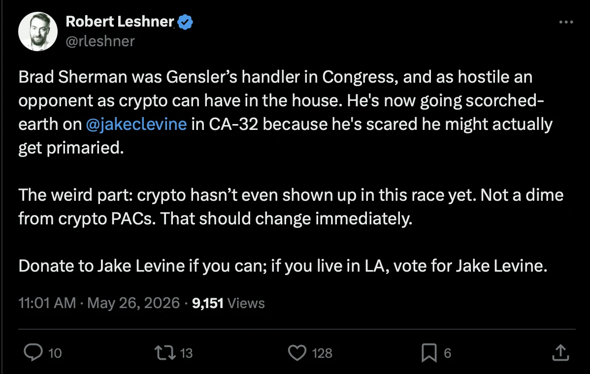 Robert Leshner (@rleshner) on X, May 26, 2026 — publicly soliciting crypto PAC money for the CA-32 race and asking voters to support Jake Levine.