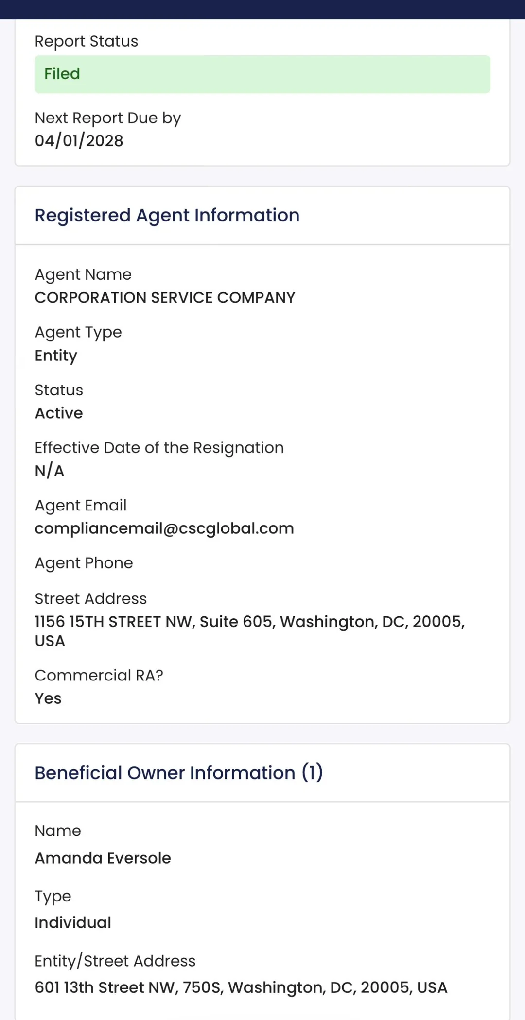 Opportunity Forward Alliance — Registered Agent (Corporation Service Company) and sole Beneficial Owner (Amanda Eversole). DC Corporations Division.