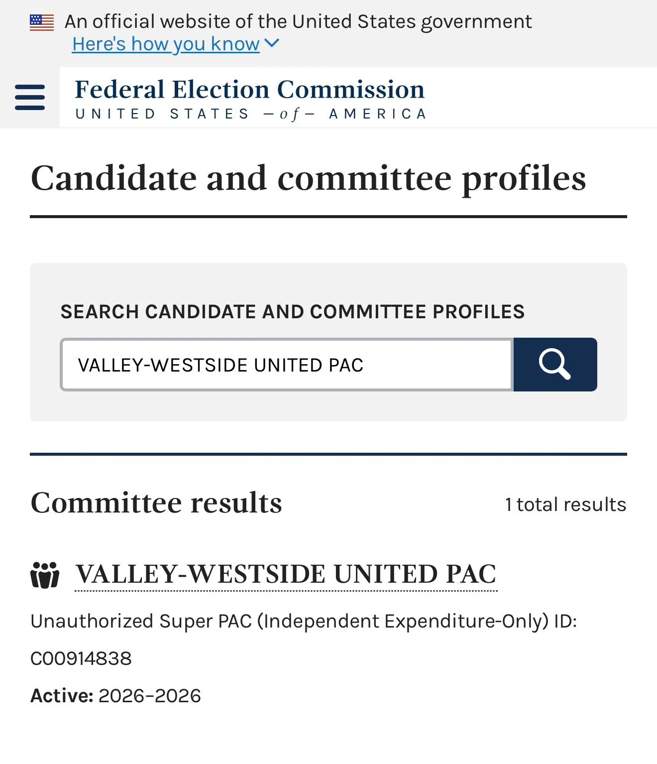 Valley-Westside United PAC FEC committee profile (C00914838)