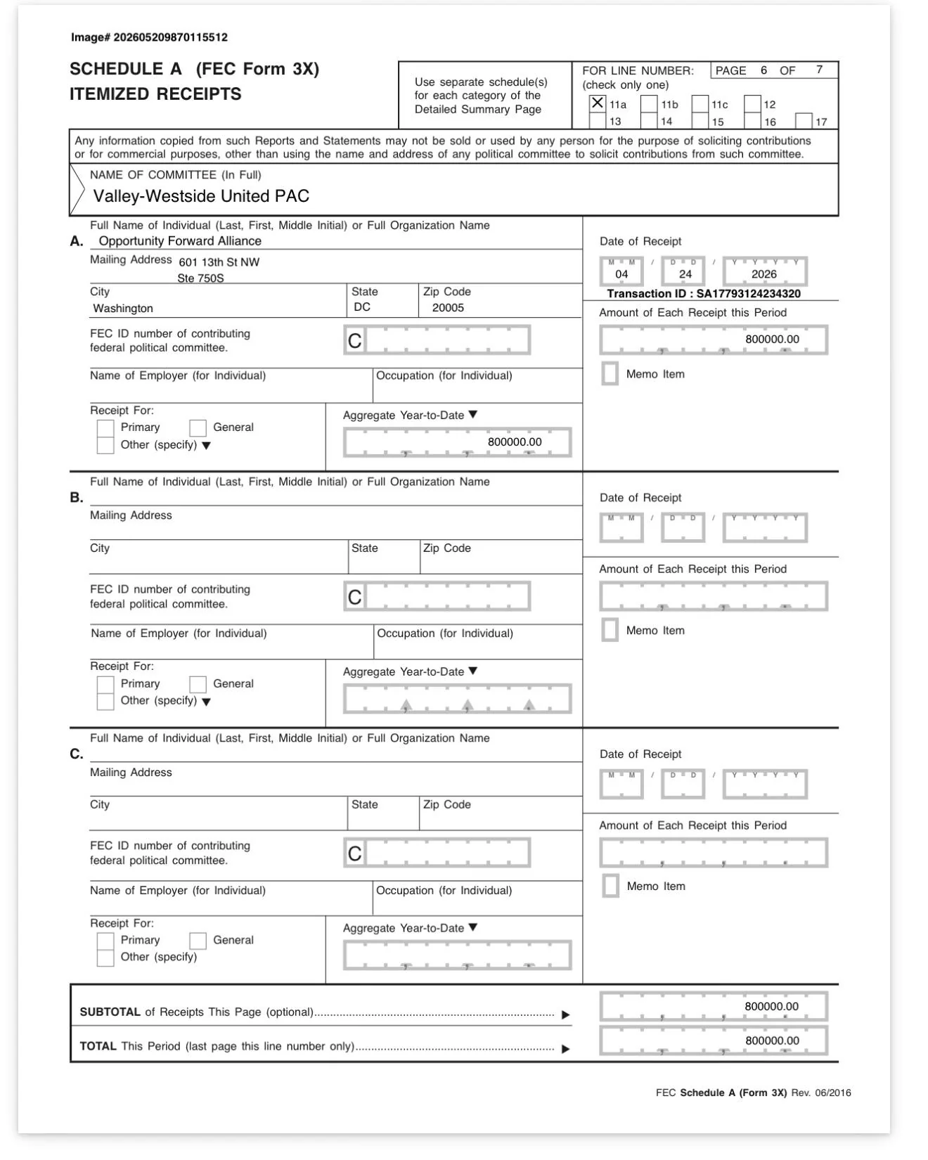 Schedule A — $800,000 receipt from Opportunity Forward Alliance, April 24, 2026 (FEC image #202605209870115512)