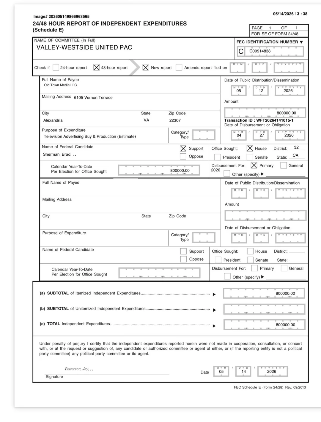 Schedule E — $800,000 television ad supporting Brad Sherman, obligated April 27, 2026 (FEC image #202605149866963565)